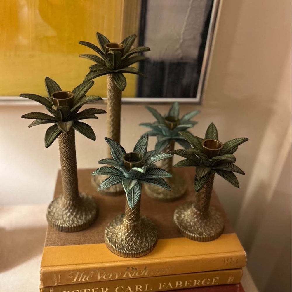 Brass Palm Candle Sticks - Set of 5 Hollywood Regency Coastal Grand Millennial